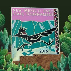 2016 New Mexico State Tournament Bowling Roadrunner Lacquered Lapel Pin Green